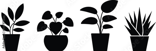 Potted plant silhouette set, indoor foliage vector, black and white design, leaf shape variety, botanical illustration, home decor element