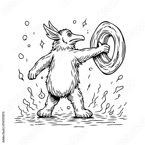 Whimsical creature illustration exhibiting unique form with mysterious ring in a surreal cosmic