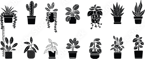 Potted plant silhouette set, botanical vector illustration, black and white design, indoor foliage decor, hanging and upright leaf shape pack