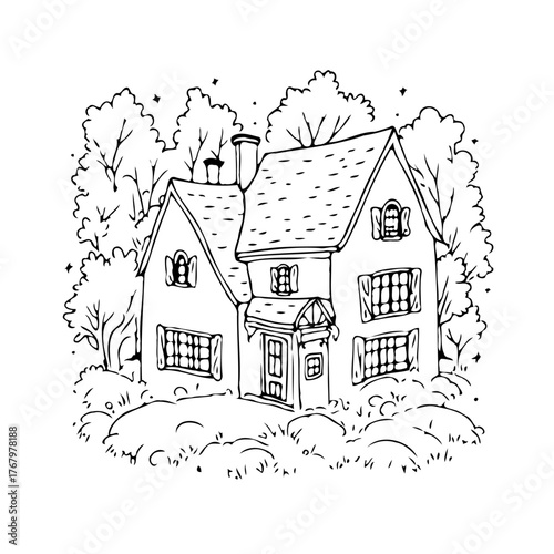 Whimsical cottage nestled among trees hand drawn illustration for coloring book pages or serene