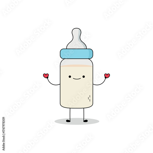 Cute baby milk bottle cartoon character spreading love doodle