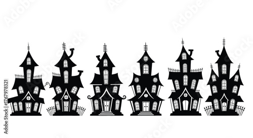Vector illustration of spooky haunted houses in a Halloween night setting with eerie silhouettes and creepy architecture in black and white design