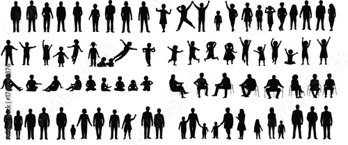 Silhouette people interaction set, black human posture icons, family and social activity poses, dynamic figure illustration grid, vector design