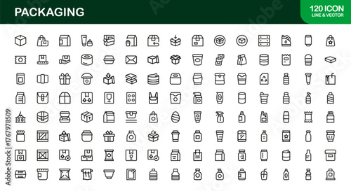 Professional packaging line icon set with minimal, editable vector designs — perfect for creating standout visuals in modern branding and design projects