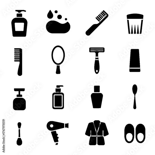Collection of black silhouette icons representing personal care and grooming items including bottles, combs, razors, mirrors, hairdryers, robes, and slippers.