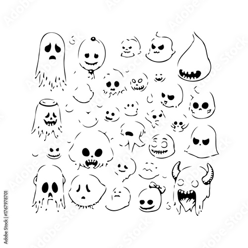 Whimsical ghostly apparitions, playful sketches portraying various eerie spirits and creatures of