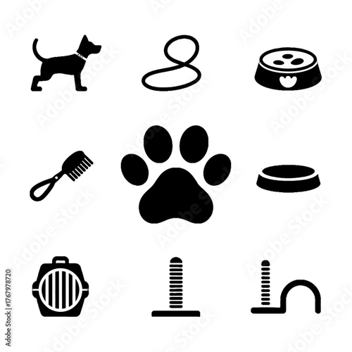 Set of pet care icons including dog, leash, food bowl, grooming brush, paw print, water bowl, carrier, scratching post, and pet bed