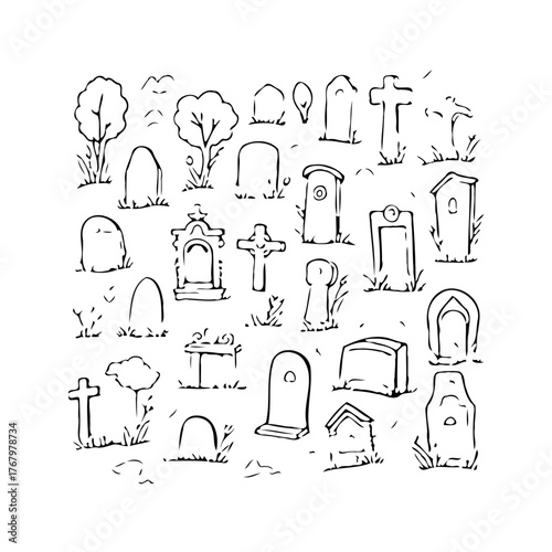 Whimsical graveyard illustrations, a lighthearted spooky scene featuring tombstones trees and