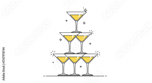 An elegant illustration of a tiered pyramid of classic martini glasses, each brimming with a golden beverage and surrounded by celebratory sparkle effects.