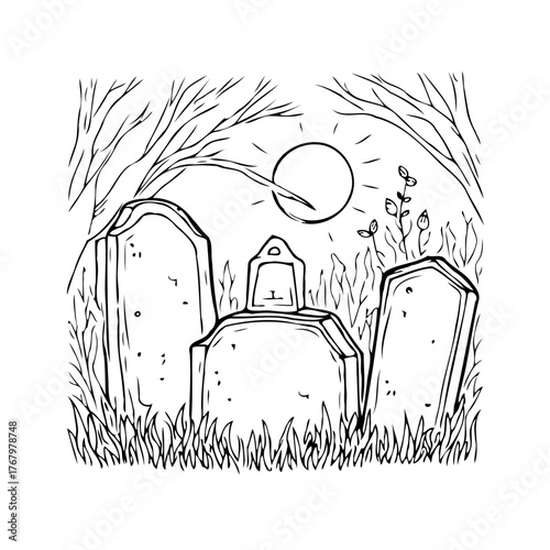 Whimsical graveyard sketch with looming tombstones bathed in eerie sunlight perfect for haunting