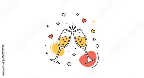 Two champagne glasses clinking in a cheerful toast, surrounded by festive hearts and sparkling elements, embodying celebration and happiness.