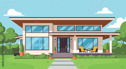 Elegant modern family house with a flat roof, large windows, and a welcoming porch with outdoor seating, set in a lush green garden under a blue sky.