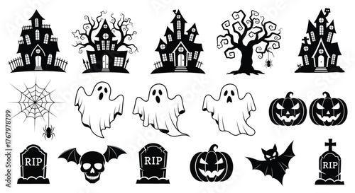 Vector Halloween spooky haunted houses ghosts pumpkins bats tombstones spider webs isolated black silhouettes for festive horror graphic design