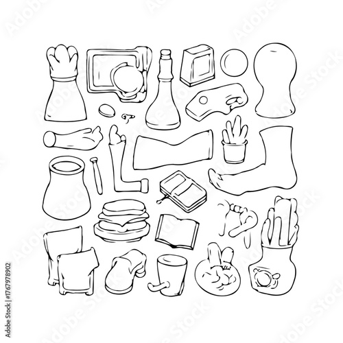 Whimsical hand drawn outlines of everyday objects create a playful and engaging composition for