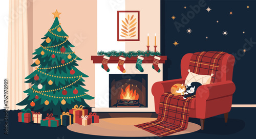 A warm and festive indoor Christmas scene with a decorated tree, glowing fireplace, hanging stockings, and two sleeping cats on a comfortable armchair.