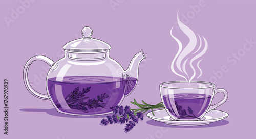Pixel art illustration of a glass teapot and teacup filled with steaming lavender tea and fresh sprigs, on a calming purple background.
