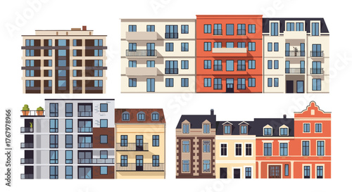 A diverse collection of urban buildings, featuring modern apartment blocks, traditional townhouses, and varied architectural styles.
