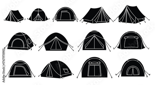 A diverse collection of black silhouette camping tent icons, showcasing various styles suitable for outdoor adventures and wilderness expeditions.