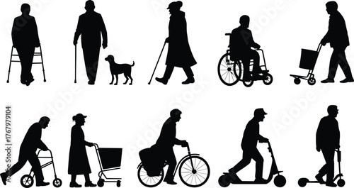 Mobility aid silhouette set, accessibility icons, walking cane and wheelchair figures, scooter and rollator visuals, independence support, black and white design