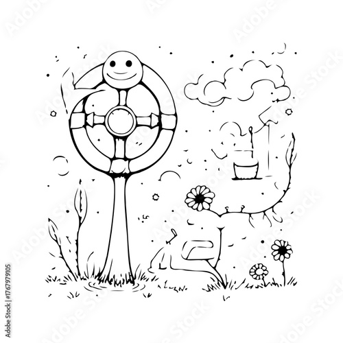 Whimsical ink drawing featuring an anthropomorphic tree with a smiling face alongside fantastical