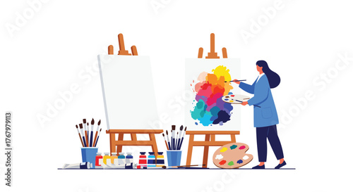 A female artist paints a vibrant abstract artwork on an easel, surrounded by art supplies and a blank canvas, showcasing a creative studio.