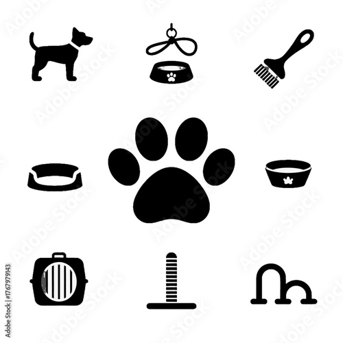 Set of pet-related icons including a dog, paw print, food bowl, brush, carrier, scratching post, and pet bed