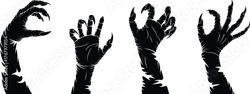 Monster hand silhouettes, clawed creature hands, horror illustration, black scary claws, spooky hand poses, dramatic monster fingers, Halloween art, eerie hand design