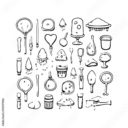 Whimsical kitchen tools and food ingredient doodle collection in ink drawing style evokes culinary