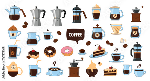 A vibrant collection of coffee brewing equipment, hot and iced beverages, and delectable desserts like donuts and cake, perfect for a cafe theme.