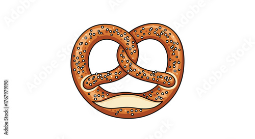 A stylized cartoon illustration of a classic German pretzel, golden brown and speckled with white salt, presented on a clean white background.