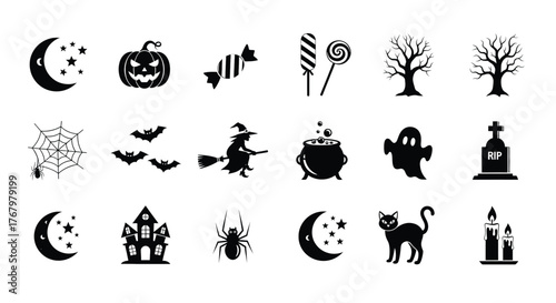 Vector Halloween icons set with spooky elements including ghost, pumpkin, witch, spider, moon, and haunted house in minimalist graphic style