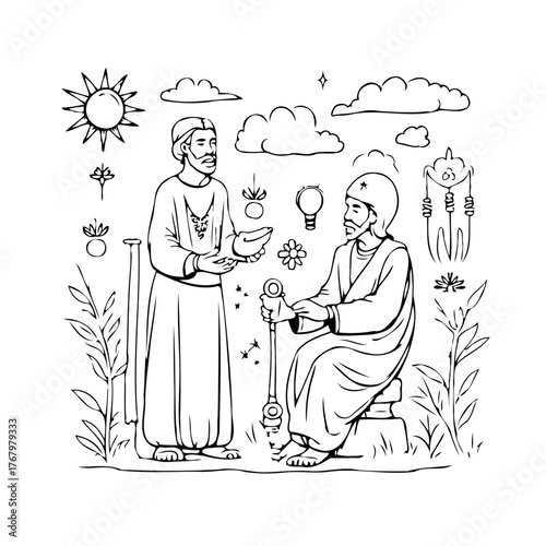 Whimsical monochrome illustration depicting men exchanging symbolic items in a dreamlike outdoor