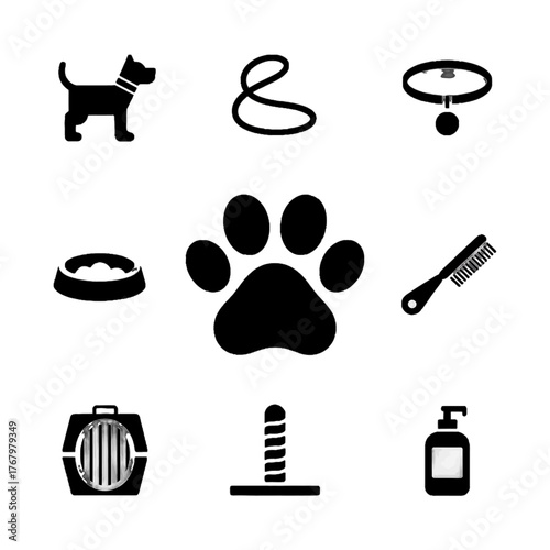 Set of dog-related icons including a dog, leash, collar, bowl, paw print, comb, carrier, scratching post, and shampoo bottle.