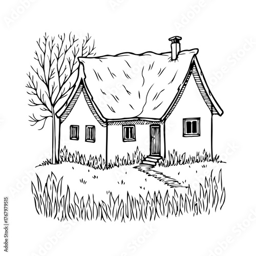 Whimsical rustic dwelling sketched amidst tall grass a peaceful monochrome countryside ambiance