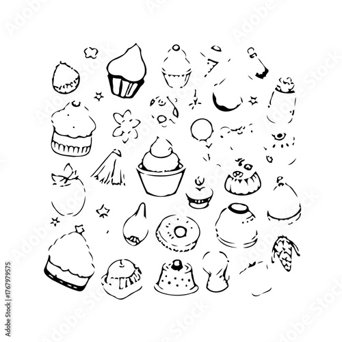 Whimsical sketch of sweets showcasing cupcakes donuts and pastries scattered in an artistic
