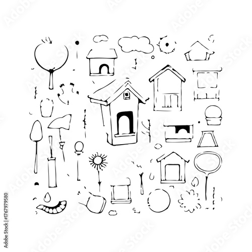 Whimsical Sketches of Birdhouses and Garden Elements an original hand drawn illustration with