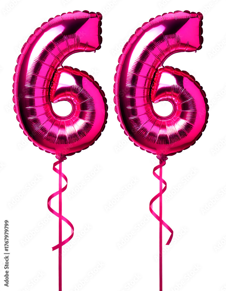 Fototapeta premium 数字の66の形のピンク色の風船とリボン（Number 66 pink foil balloon on white background） 