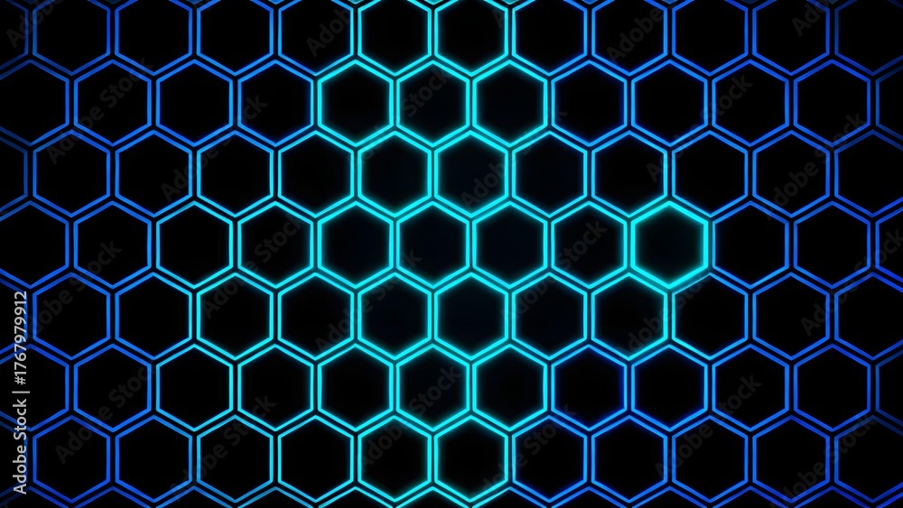 Fototapeta premium Glowing hexagonal grid pattern with blue and cyan neon outlines on a dark background