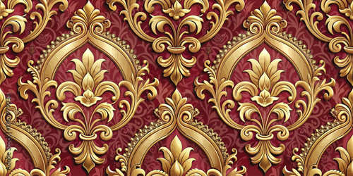 A luxurious gold and red ornate damask pattern, perfect for elegant textiles and decor.