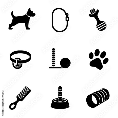Set of dog-related icons including a dog silhouette, leash, toy, collar, measuring tape, paw print, comb, scratching post, and tunnel