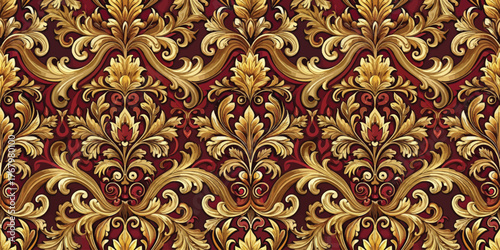 Elegant gold and burgundy damask pattern with intricate floral designs, perfect for upscale decor.
