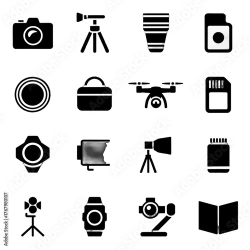 Collection of black silhouette icons representing photography and videography equipment including cameras, drones, tripods, lenses, memory cards, and accessories.