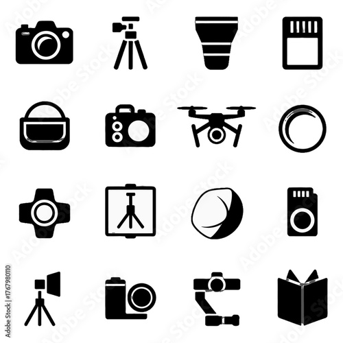 Collection of photography and videography equipment icons including cameras, drones, tripods, lenses, and accessories