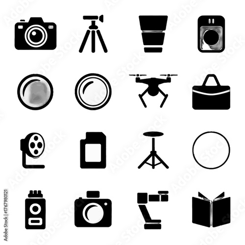 Collection of photography and videography equipment icons including cameras, tripods, drones, lenses, and lighting tools