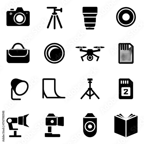 Collection of black and white icons representing photography and videography equipment including cameras, tripods, drones, lenses, and accessories.