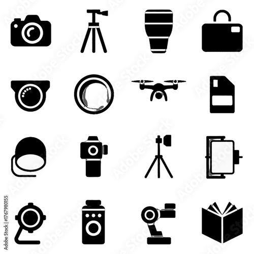 Collection of photography and videography equipment icons including cameras, tripods, drones, lenses, and accessories