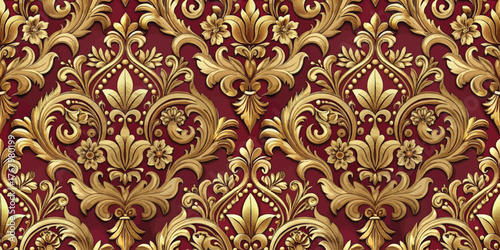 Rich golden floral damask pattern on a deep red background, adding elegance and sophistication to any design.
