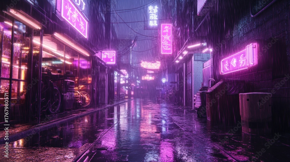 Naklejka premium Neon-lit alleyway at night