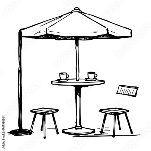 Ink Illustration Style

A hand-drawn ink illustration of a modern outdoor café scene. Round table, umbrella, and two stools rendered in bold brush strokes, with coffee cups and glasses on top. White b