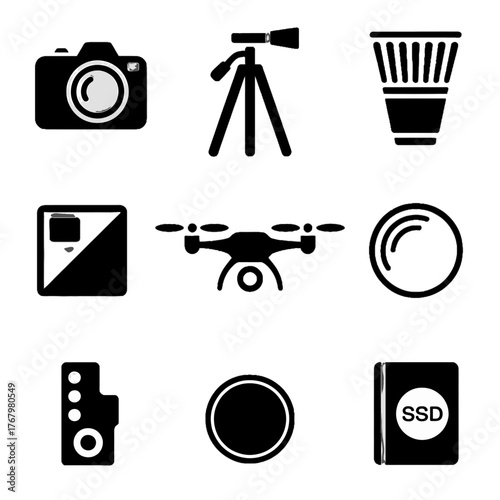 Collection of black and white icons representing photography, videography, and digital storage equipment